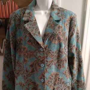 Denim &Co. Aqua blue, tan floral print blazer jacket.  Tapestry, Lined, size L